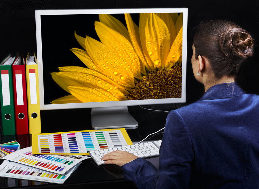 Woman working on desktop publishing services in front of a large computer screen with a sunflower.