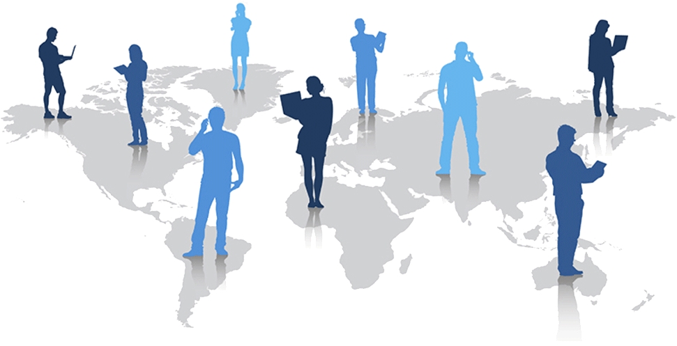 People talking on different continents symbolizing language translation services.